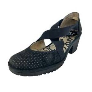 Fly London Women's Black Perforated Suede Block Heel Sandals Sz EU 39 W; US 8.5